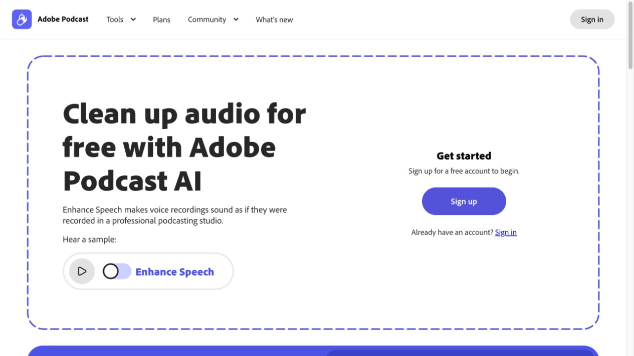 Adobe Podcast public Enhance Speech page with sign-in and account controls
